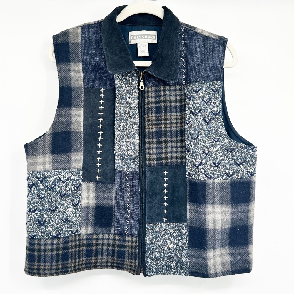 Dressbarn Womens Vintage Blue Patchwork Wool Leather Cottagecore Zip Vest XL